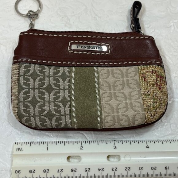 Fossil Signature ID Zip Wallet Change Purse Brown, Beige, Green 4.75"x3.25" - Picture 1 of 7